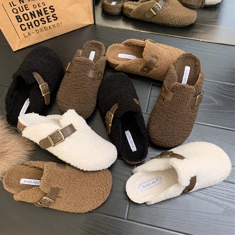 Fashion Buckle Strap Women Mules Fur Slippers 2024 Winter Warm Ladies Flat With Furry Shoes Casual Outdoor Indoor Female Slides