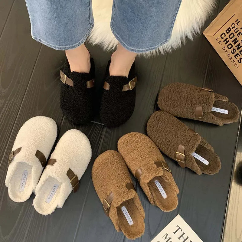 Fashion Buckle Strap Women Mules Fur Slippers 2024 Winter Warm Ladies Flat With Furry Shoes Casual Outdoor Indoor Female Slides