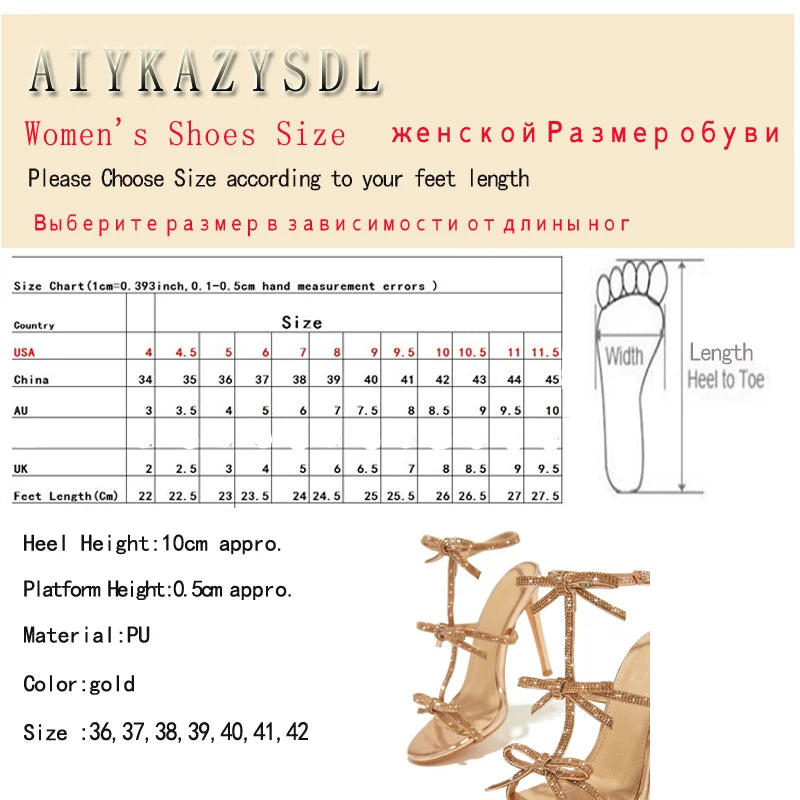 AIYKAZYSDL 2024 Gold Slingback T-strap Pumps Crystal Rhinestone Sandals Bow-tie Bowknot Sandals Summer Fetish Shoes Plus SIZE