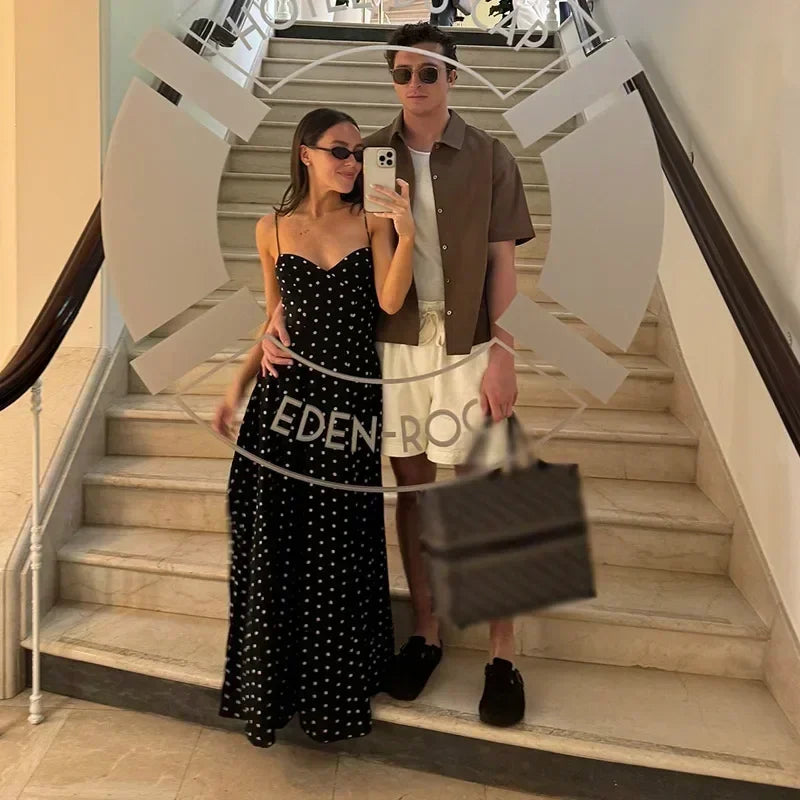 Dot Print Long Slip Dress Women Spring Summer V-neck Sleeveless Backless A-line Dresses Female Party Vintage Robes Lady Holiday