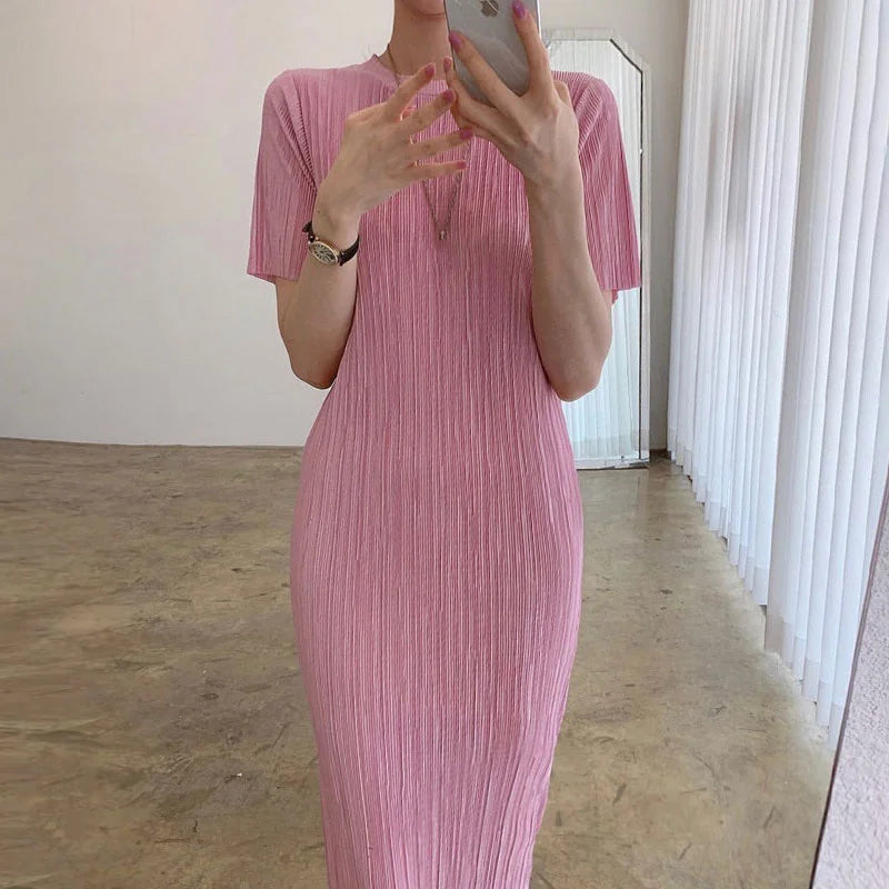 Korean Chic Minimalist Gentle Round Neck Pleated Slim Wrap Hip Short Sleeve Female Dresses 2022 Summer New Style B560