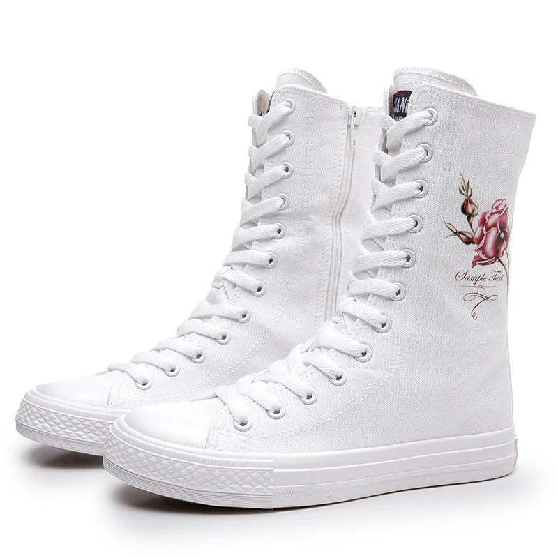 New Women Sneakers Mid Boots Canvas Lace Up Side Zipper Hand Painted Rose Pattern Classic Casual School Shoes Women Sport Shoes