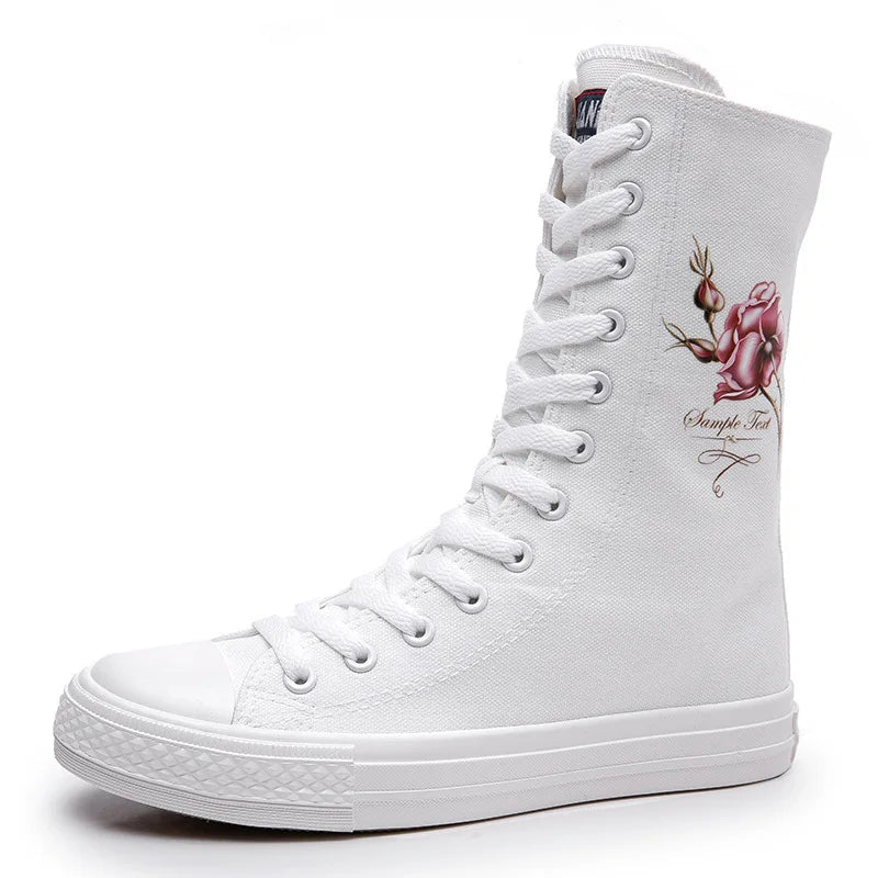 New Women Sneakers Mid Boots Canvas Lace Up Side Zipper Hand Painted Rose Pattern Classic Casual School Shoes Women Sport Shoes
