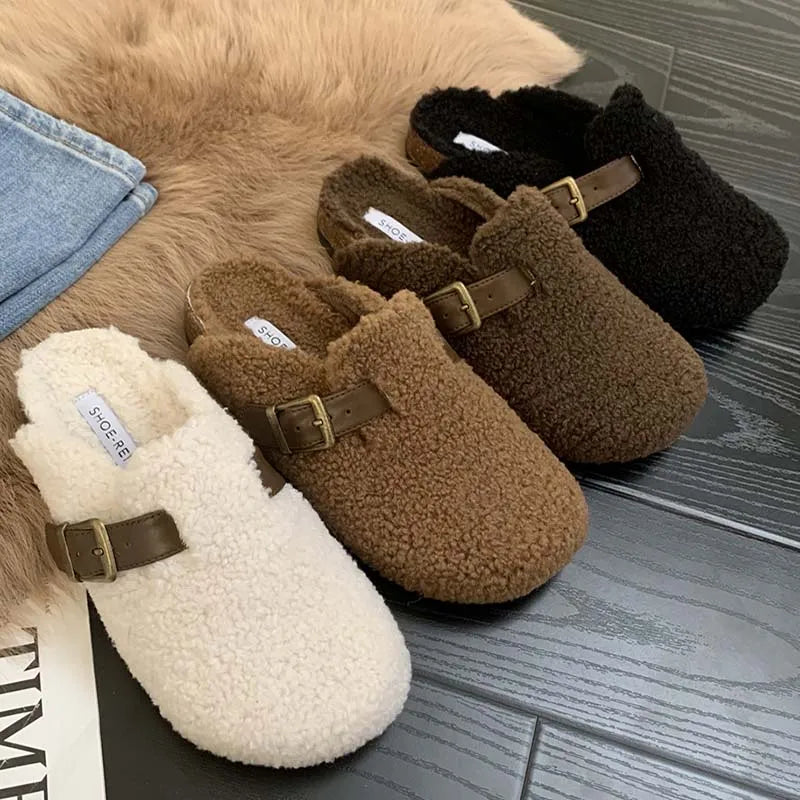 Fashion Buckle Strap Women Mules Fur Slippers 2024 Winter Warm Ladies Flat With Furry Shoes Casual Outdoor Indoor Female Slides