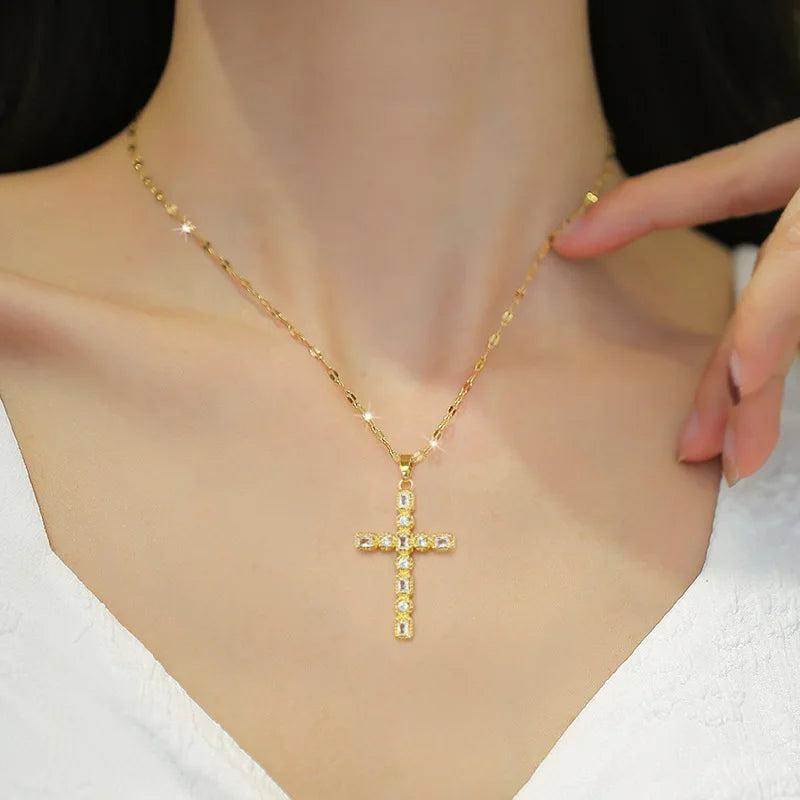 316L Stainless Steel Aesthetic Cross Necklace For Women Cubic Zirconia Clavicle Chains Pendants Party Gifts Jewelry Accessories