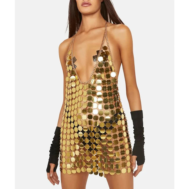 Women Fashion Black Gold Chainmail Sequin Mini Dresses Diana Silver Disc Dress