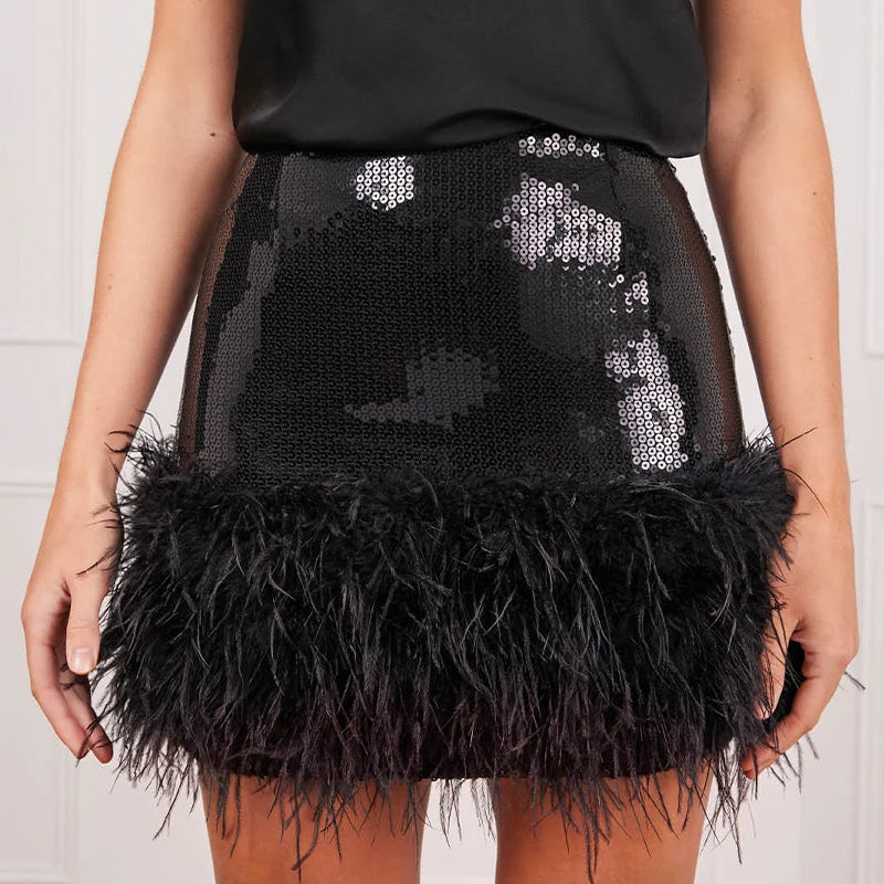 Ins Fashion Women Black High Waist Skirts Rose Pink Sequin Feather Trim Mini Skirt