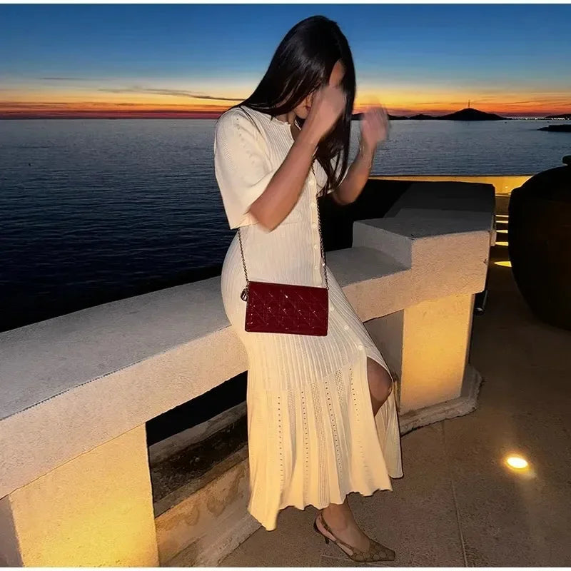 Elegant Knitted Single Breasted Midi Dress Women's Patchwork Dresses Female 2025 Summer Robe New Black Beige Robes Evening Party