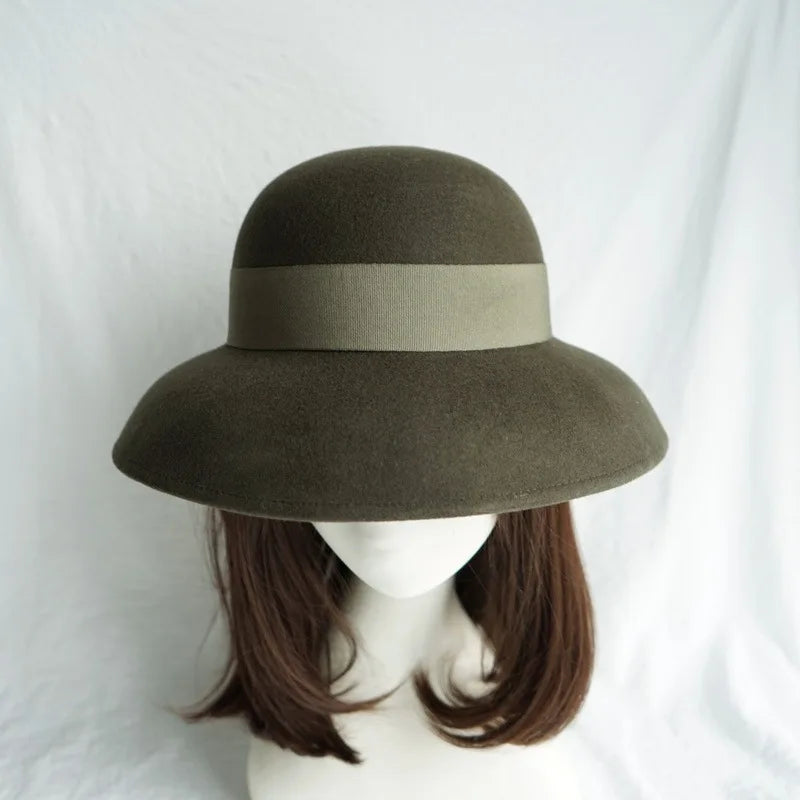Autumn and Winter Women's French Elegant Retro Army Green Woolen Felt Top Hat Winter hats woman British Hepburn Bell shaped Fish