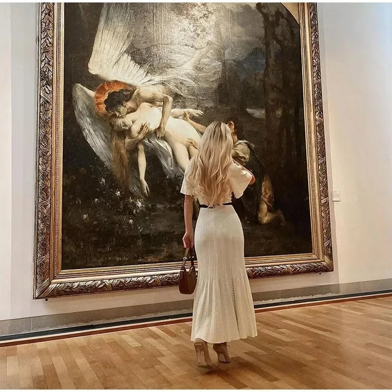 Elegant Knitted Single Breasted Midi Dress Women's Patchwork Dresses Female 2025 Summer Robe New Black Beige Robes Evening Party