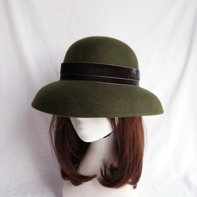 Autumn and Winter Women's French Elegant Retro Army Green Woolen Felt Top Hat Winter hats woman British Hepburn Bell shaped Fish