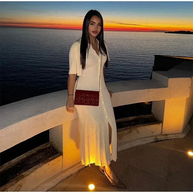 Elegant Knitted Single Breasted Midi Dress Women's Patchwork Dresses Female 2025 Summer Robe New Black Beige Robes Evening Party