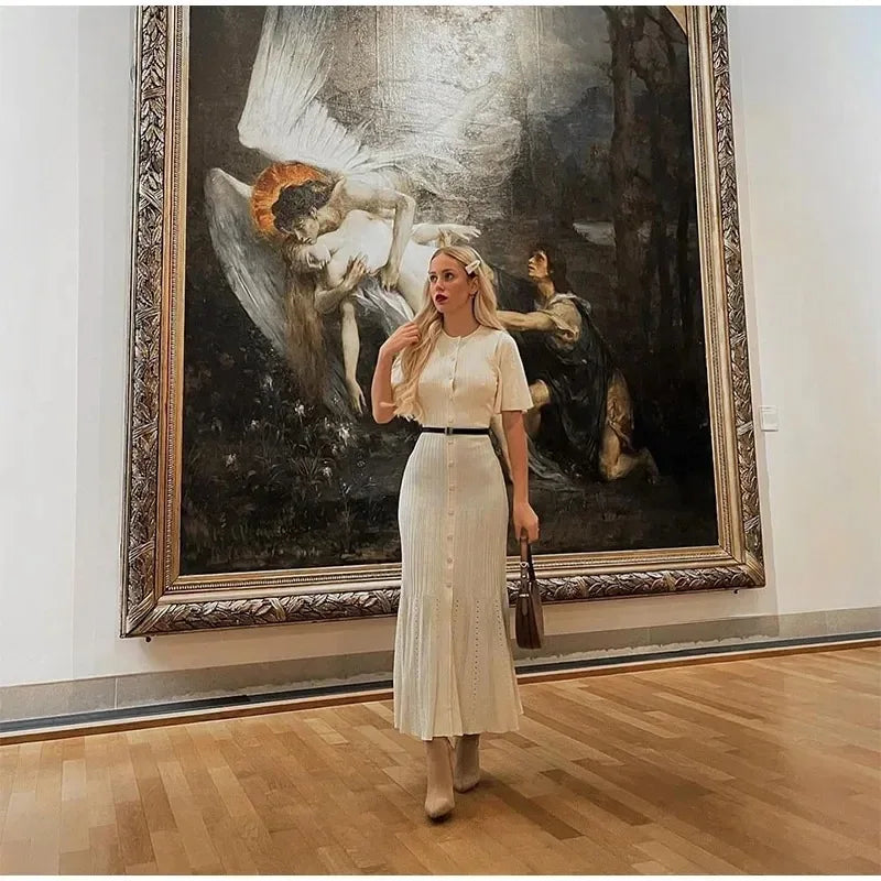 Elegant Knitted Single Breasted Midi Dress Women's Patchwork Dresses Female 2025 Summer Robe New Black Beige Robes Evening Party