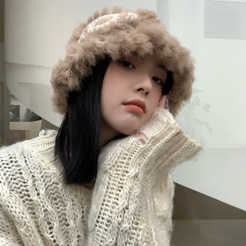 2021 Handmade hook flower 100% Natural Fur Hats Knitted Warm Genuine Mink Fur Cap Russian Women Luxury Panama Fur Hat wool kpop