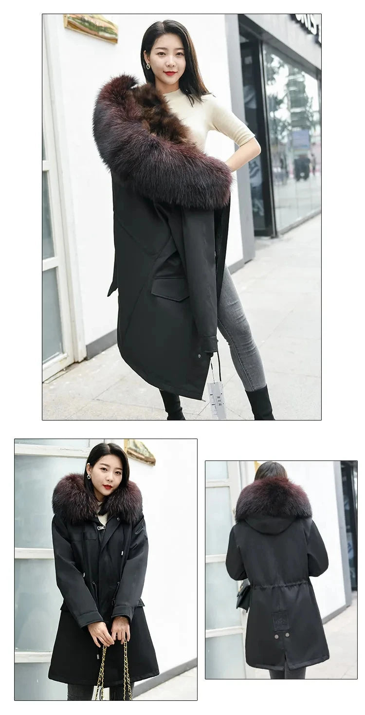 HANZANGL Women Fur Coat 2022 Winter New Real Raccoon Fox Fur Detachable Liner Long Parkas Women Clothing 12 Color  S-4XL