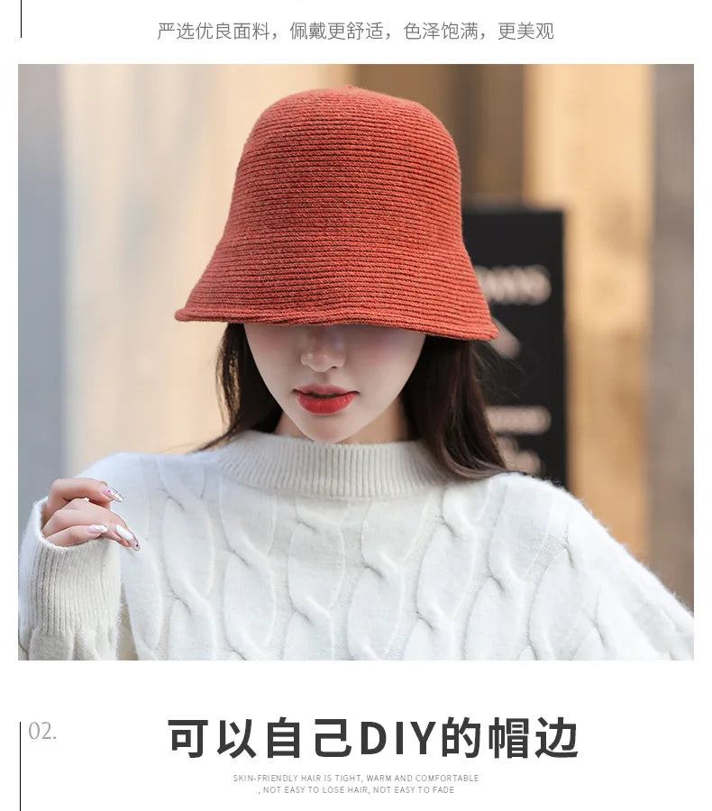 X093 New Fisherman's Hat for Women  Winter Warm Knitted Hat Covers Her Face Japanese Bucket Basin Hat Literary Brim Caps