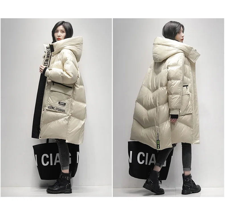 Winter Black Long 90% White Duck down Jacket Women Streetwear 2024 New Fashion Loose Letter Windproof Parkas Hooded Down Coats