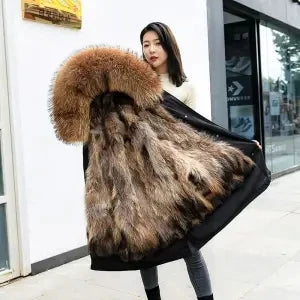 HANZANGL Women Fur Coat 2022 Winter New Real Raccoon Fox Fur Detachable Liner Long Parkas Women Clothing 12 Color  S-4XL