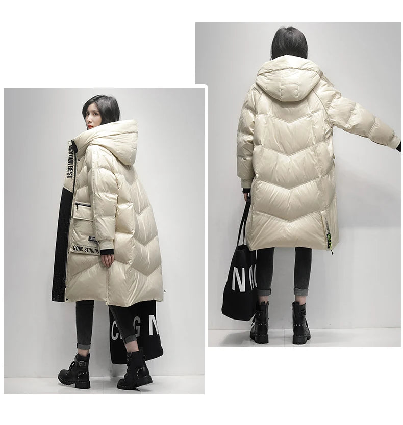 Winter Black Long 90% White Duck down Jacket Women Streetwear 2024 New Fashion Loose Letter Windproof Parkas Hooded Down Coats