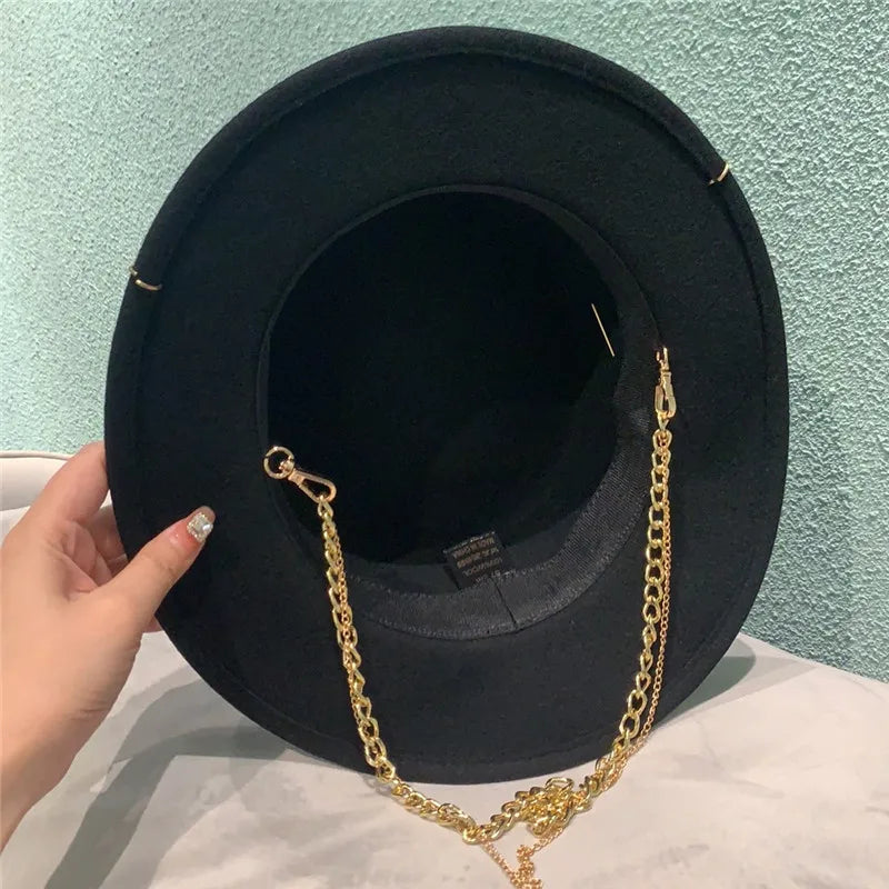 USPOP Brand Hats Winter Women Black  Wool Fedoras Fashion Pin-decorated Wool Hat with Metal Chain