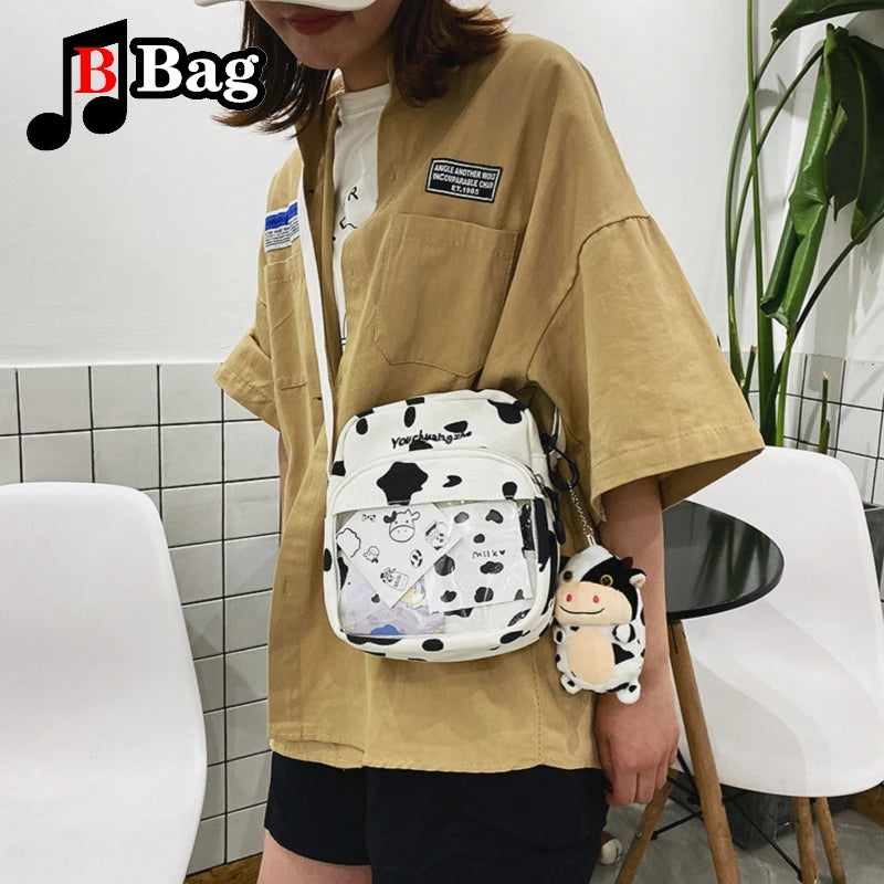 Women Girls Cartoon Cow Print Shoulder Crossbody Bag Cute cow card transparent canvas Satchel itabag