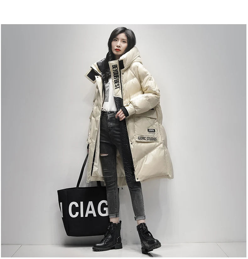 Winter Black Long 90% White Duck down Jacket Women Streetwear 2024 New Fashion Loose Letter Windproof Parkas Hooded Down Coats