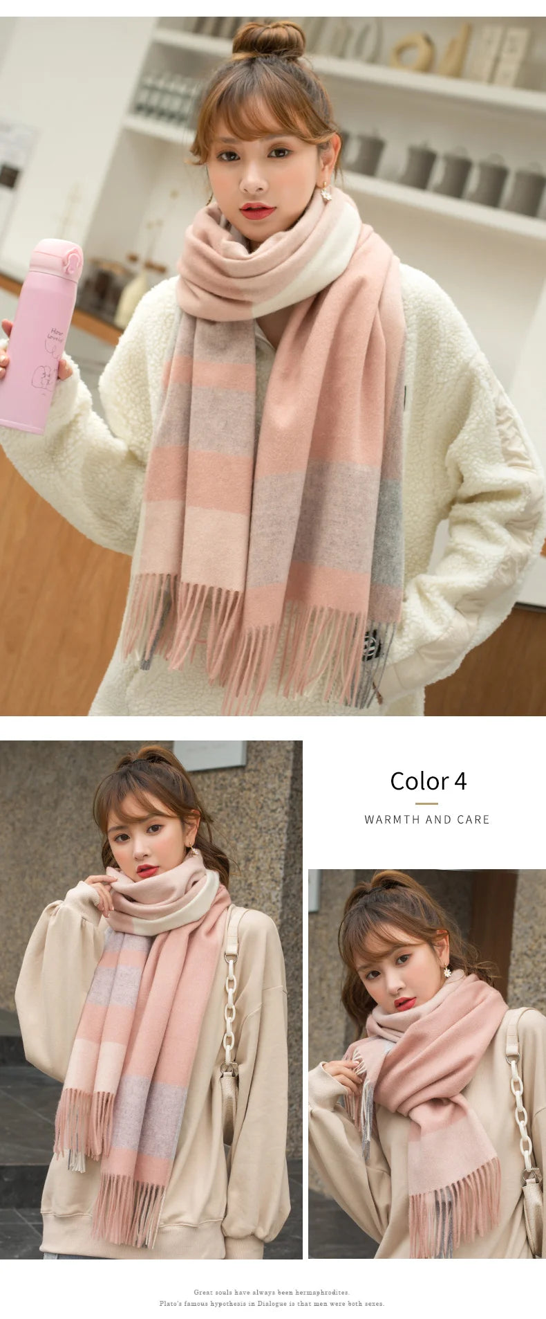 Winter 100% Wool Scarf Women Pink Plaid Shawls and Wraps Echarpe Warm Woolen Pashmina for Ladies Cashmere Scarves Foulard Femme