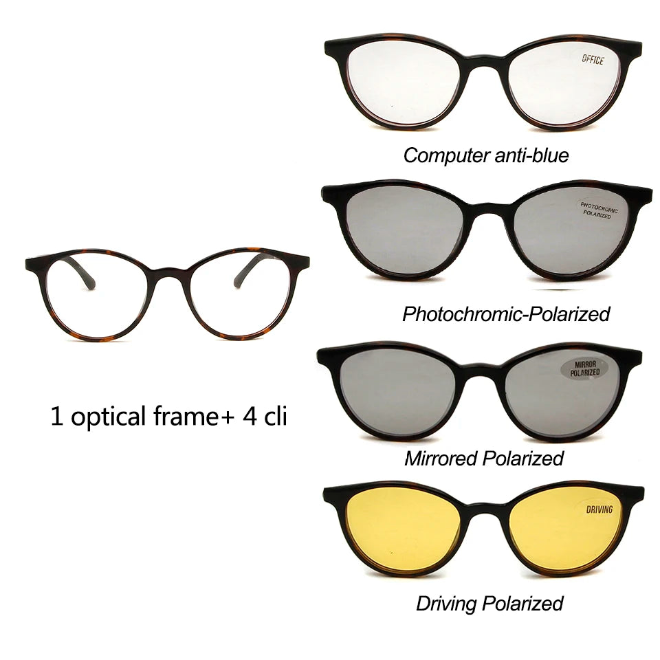 4 clips Brand Magnet Polarized Clip On Sunglasses Round Women Ultem Computer Glasses Men Anti  Blue Light Glasses Prescription
