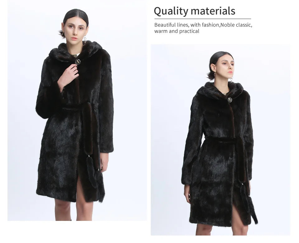 Mink Coats Women Natural Mink Jacket With Hood Female Real Mink Fur Coat With Belt Ladies Winter Warm Genuine Fur Coat Luxury