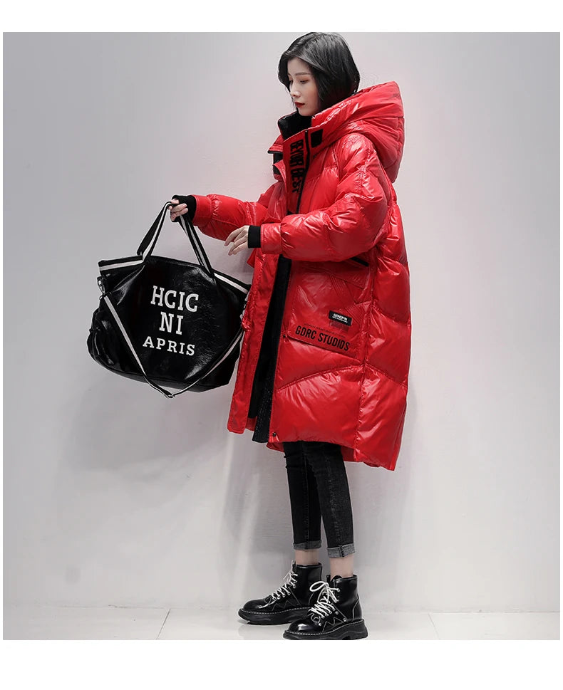 Winter Black Long 90% White Duck down Jacket Women Streetwear 2024 New Fashion Loose Letter Windproof Parkas Hooded Down Coats