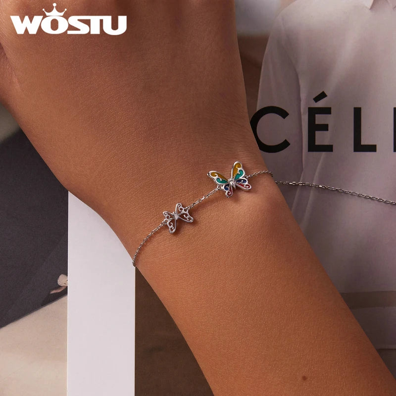 WOSTU 925 Original Sterling Silver Bracelet Brilliant Butterfly Fashion Chain Bracelet For Women Wedding Fine Jewelry Lucky Gift