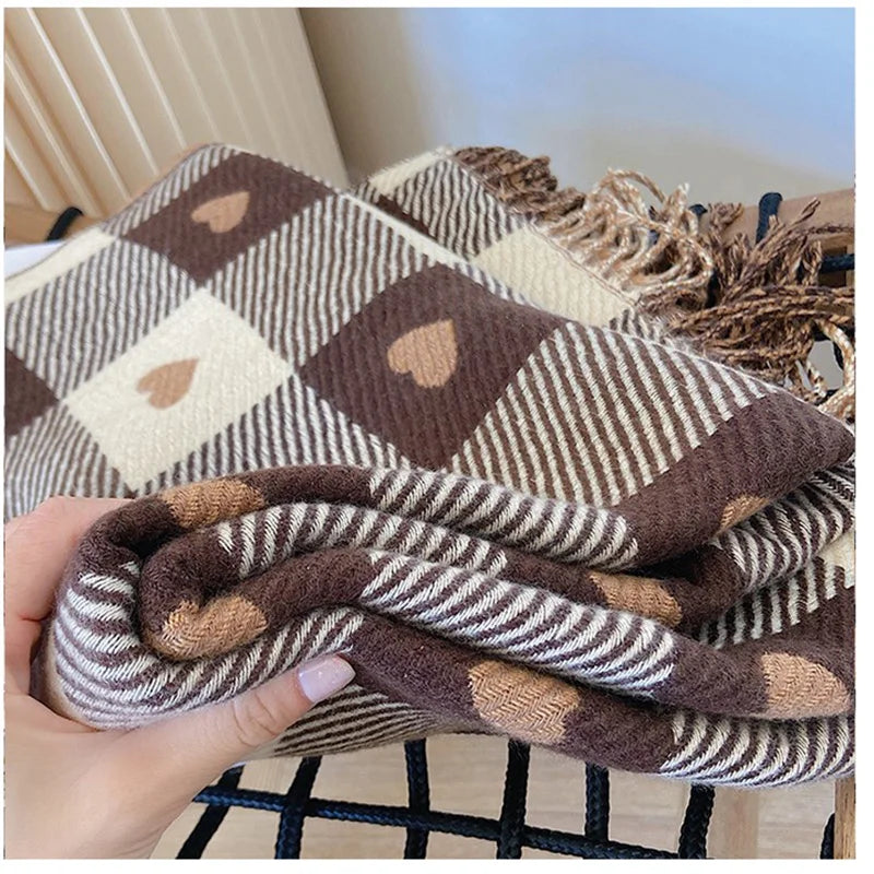 Fashion Winter Cashmere Scarf Women 2022Design Warm Pashmina Blanket Plaid Heart Scarves Female Shawl Wrap Thick Foulard Bufanda