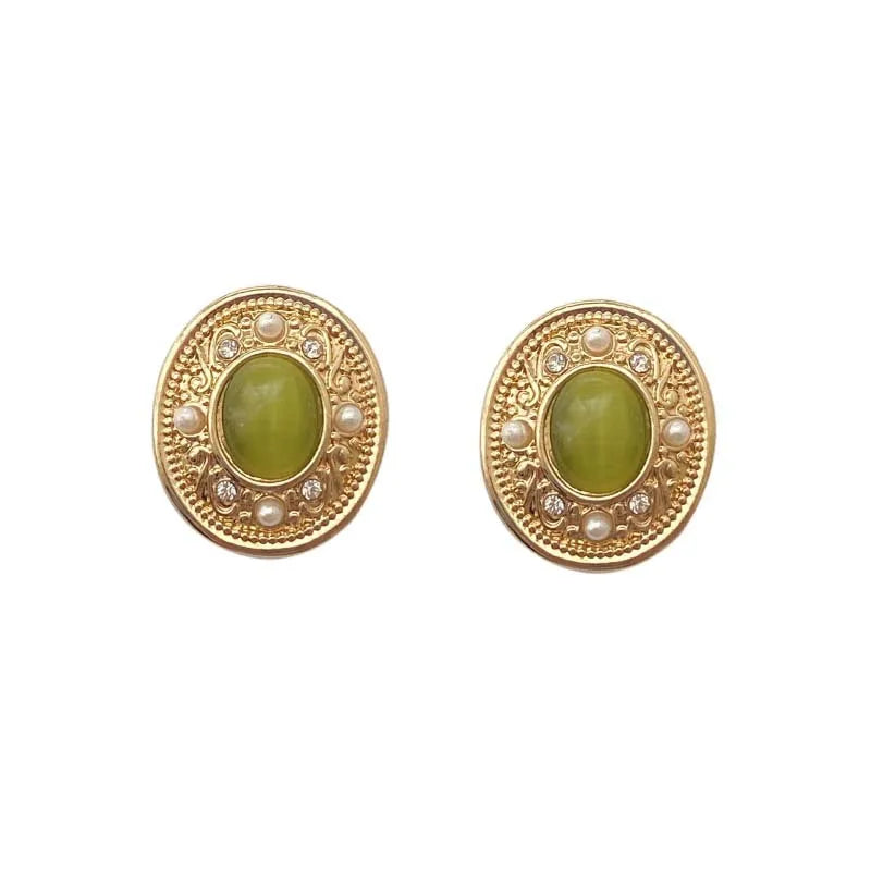 Vintage Korean Green Opal Clip on Earrings for Women No Pierced Ears French Retro Baroque Small Resin Round Stone Clip Earrings