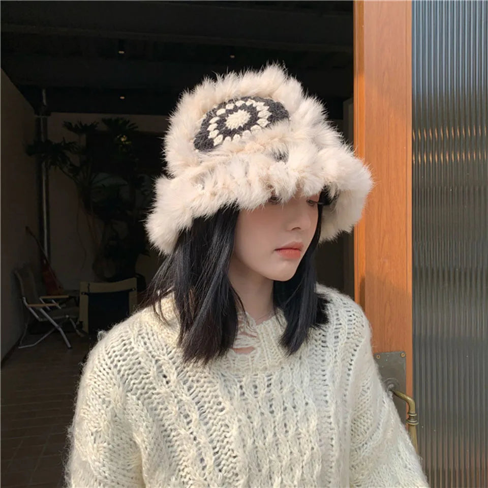 2021 Handmade hook flower 100% Natural Fur Hats Knitted Warm Genuine Mink Fur Cap Russian Women Luxury Panama Fur Hat wool kpop