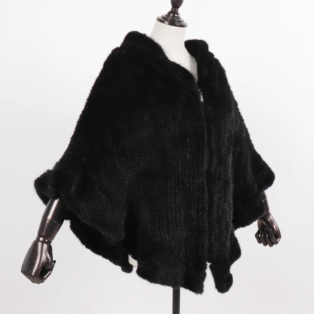 Hot Sale Women Natural Mink Fur Hooded Pashmina Coat 100% Genuine Mink Fur Shawl Lady Luxury Hand Knitted Real Mink Fur Poncho