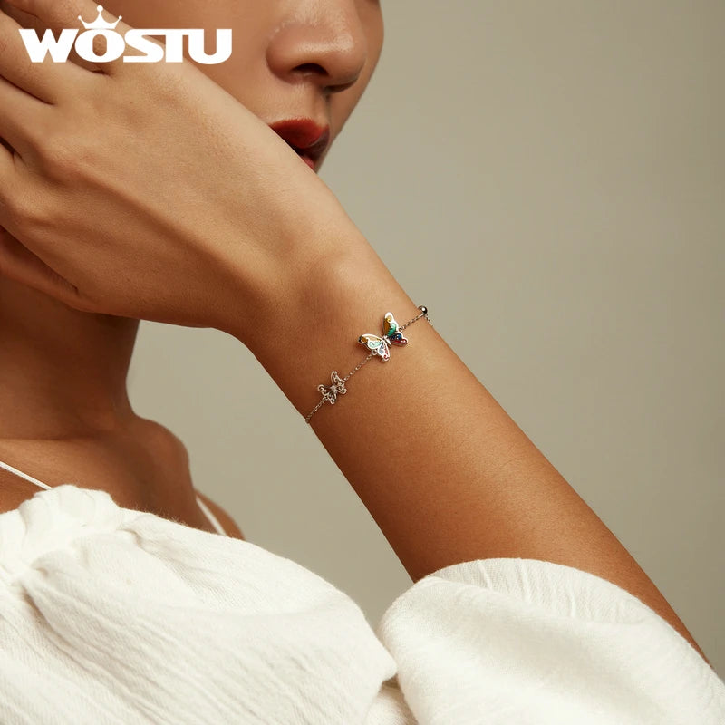 WOSTU 925 Original Sterling Silver Bracelet Brilliant Butterfly Fashion Chain Bracelet For Women Wedding Fine Jewelry Lucky Gift