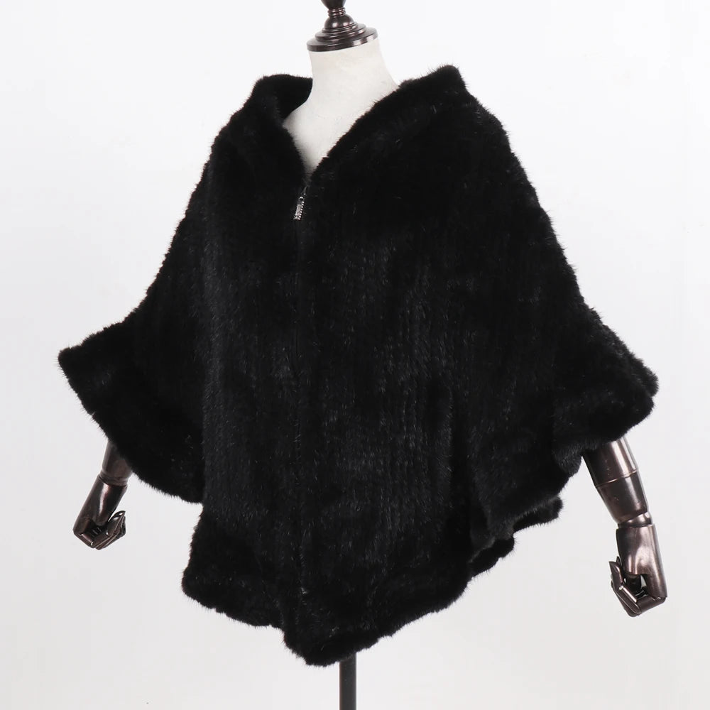 Hot Sale Women Natural Mink Fur Hooded Pashmina Coat 100% Genuine Mink Fur Shawl Lady Luxury Hand Knitted Real Mink Fur Poncho