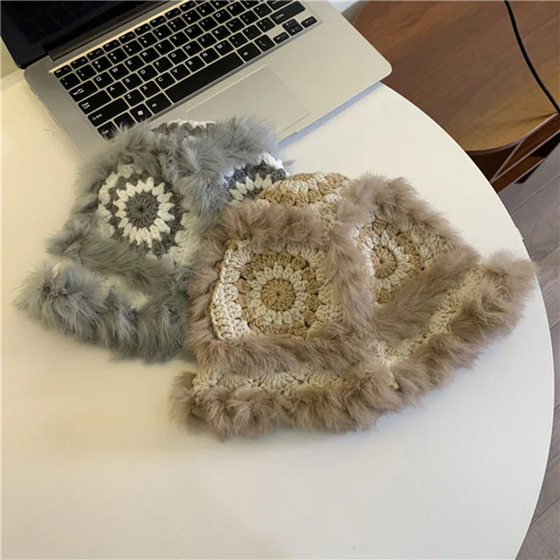 2021 Handmade hook flower 100% Natural Fur Hats Knitted Warm Genuine Mink Fur Cap Russian Women Luxury Panama Fur Hat wool kpop