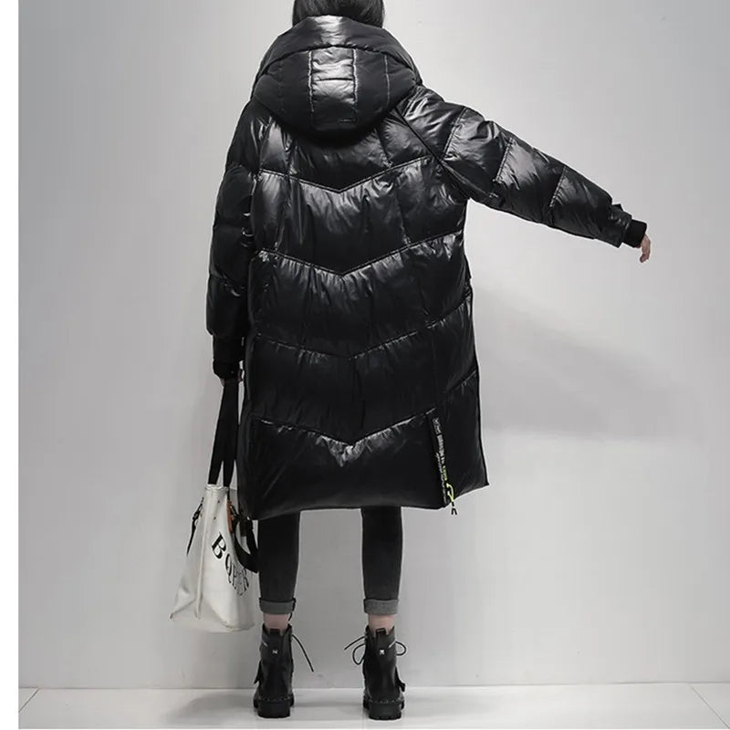 Winter Black Long 90% White Duck down Jacket Women Streetwear 2024 New Fashion Loose Letter Windproof Parkas Hooded Down Coats