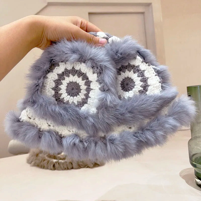 2021 Handmade hook flower 100% Natural Fur Hats Knitted Warm Genuine Mink Fur Cap Russian Women Luxury Panama Fur Hat wool kpop