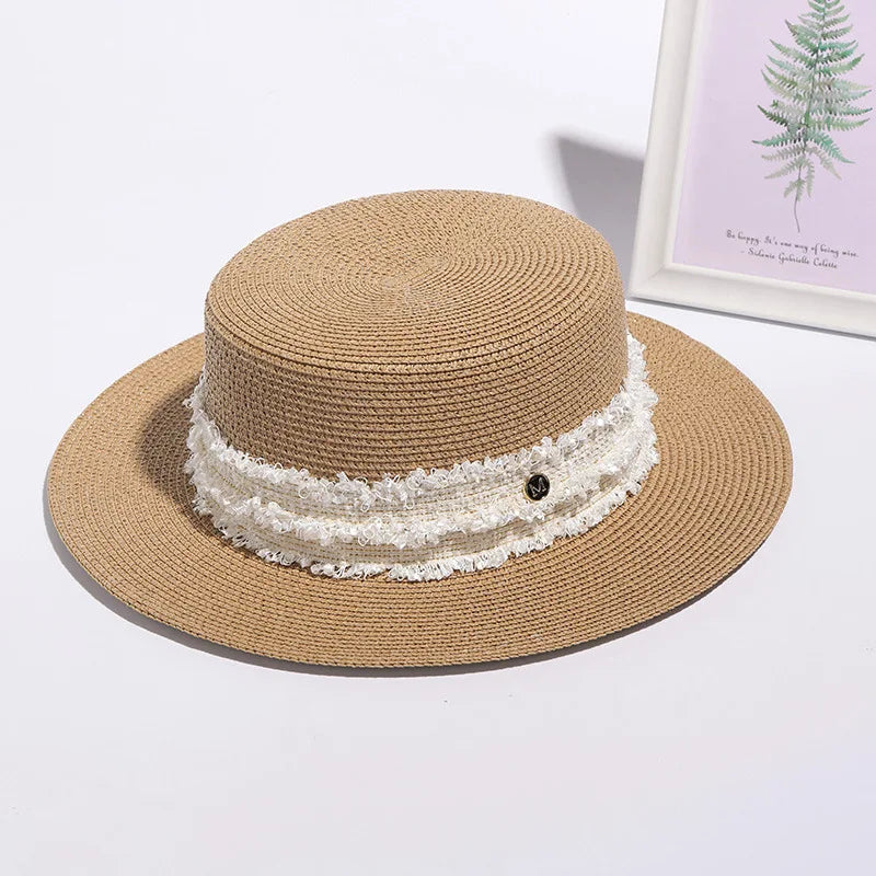 NEW Letter M Straw Hat Lady Black British Style Cap Beach White Women Flat Top  Female Wide Brim Outdoor Sunhat