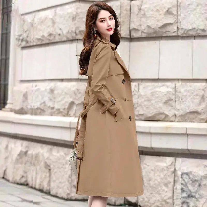 2021 Women Trench Elegant Coat With Belt Autumn Winter Double Breasted Solid Cloak Korean Style Windbreaker Womens Middle Long