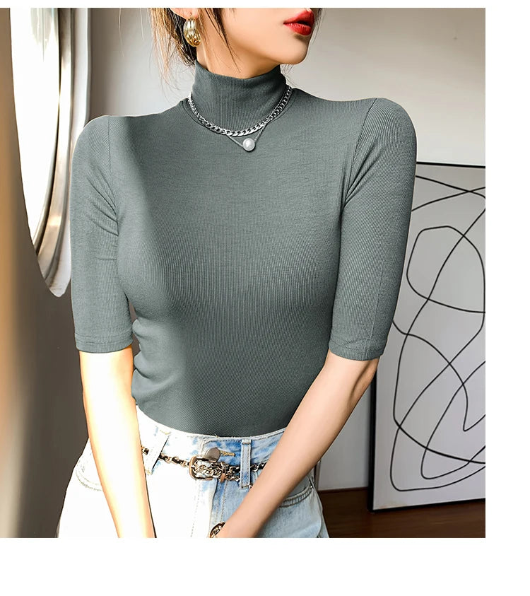 Spring Autumn Black Turtleneck Tops Short Sleeve Slim Tshirt Women Korean Style Basic Elasticity Tee Shirt Femme Mujer Camisetas