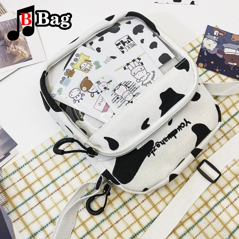 Women Girls Cartoon Cow Print Shoulder Crossbody Bag Cute cow card transparent canvas Satchel itabag