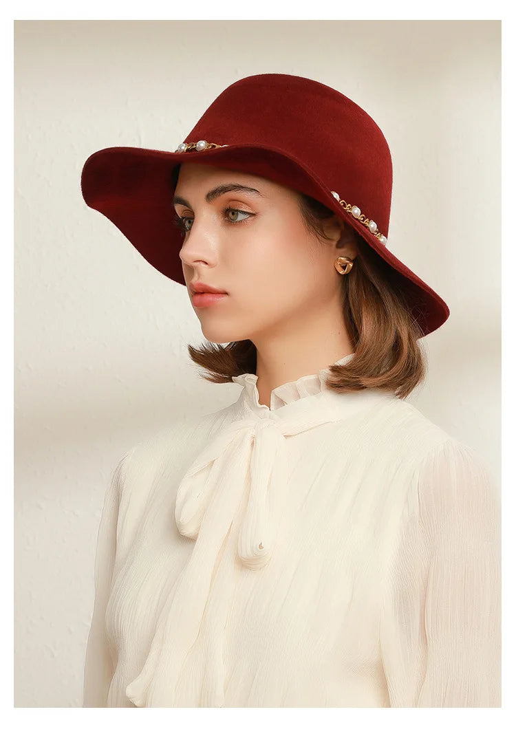USPOP Autumn Winter Women Wool Fedoras Female Casual Pearl Chain Red Fedora Hat
