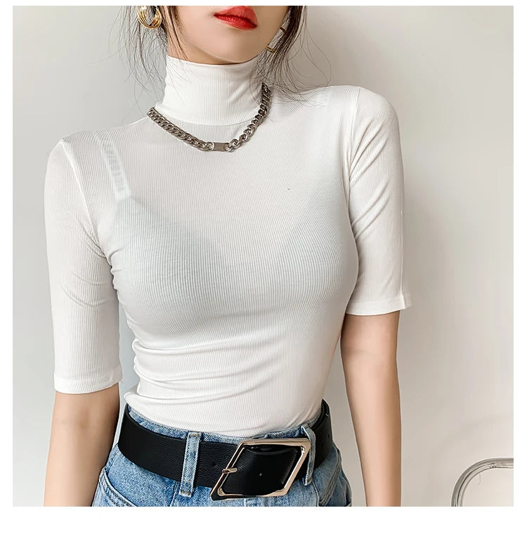 Spring Autumn Black Turtleneck Tops Short Sleeve Slim Tshirt Women Korean Style Basic Elasticity Tee Shirt Femme Mujer Camisetas