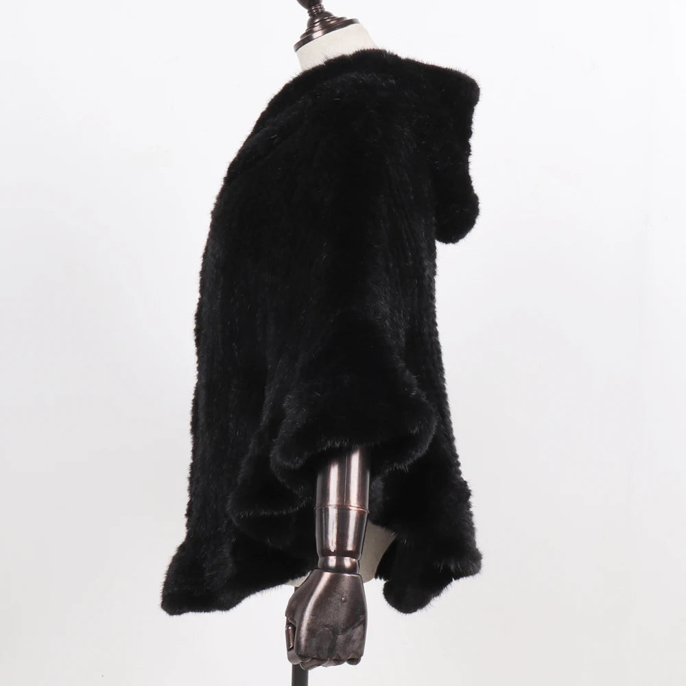 Hot Sale Women Natural Mink Fur Hooded Pashmina Coat 100% Genuine Mink Fur Shawl Lady Luxury Hand Knitted Real Mink Fur Poncho