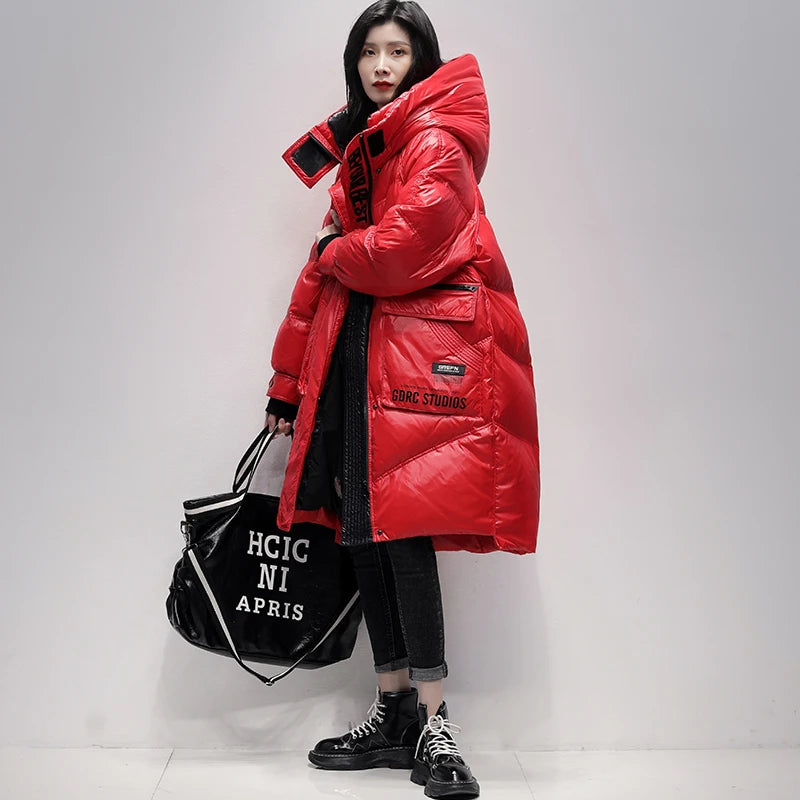 Winter Black Long 90% White Duck down Jacket Women Streetwear 2024 New Fashion Loose Letter Windproof Parkas Hooded Down Coats