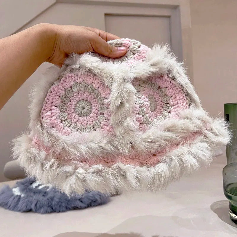 2021 Handmade hook flower 100% Natural Fur Hats Knitted Warm Genuine Mink Fur Cap Russian Women Luxury Panama Fur Hat wool kpop