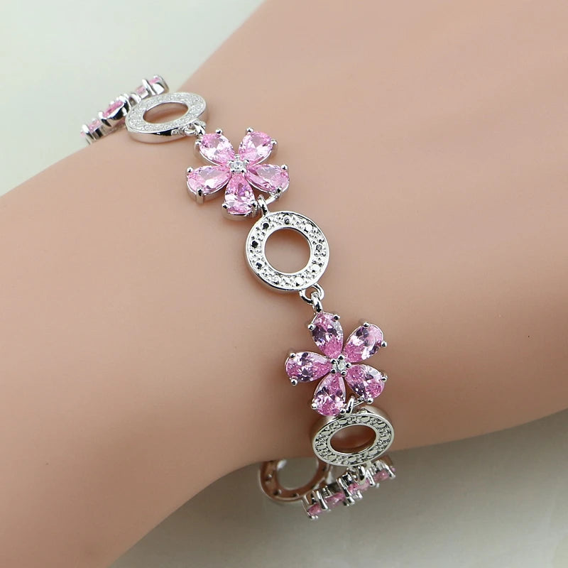 Elegant 925 Sterling Silver Jewelry Sets Pink Zircon With Pearl Beads For Women Wedding Earrings/Pendant/Rings/Bracelet/Necklace